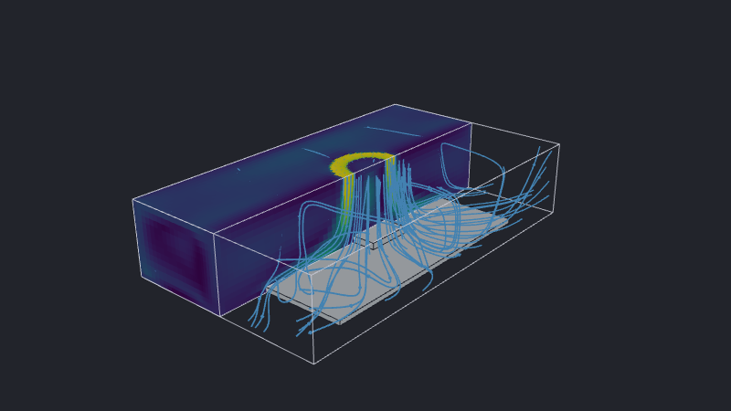 Half-fluid-domain cutaway colored by air speed, with blue streamlines from the annular fan inlet.