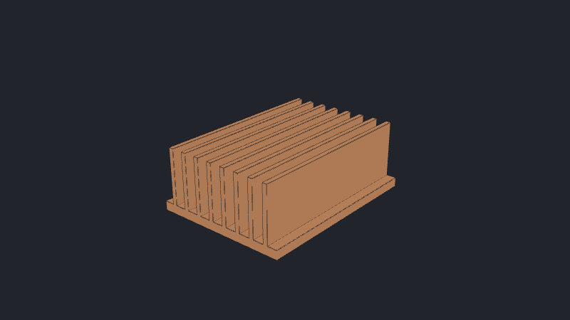 An orange heatsink assembled from one rectangular base cuboid and eight parallel fin cuboids, with open channels between the fins.
