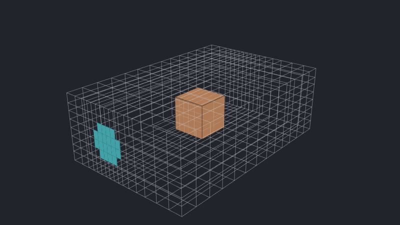 A circular inlet on the x-min face highlighted in cyan, showing its coarse representation by rectangular boundary faces.