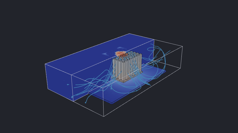 Half-fluid-domain cutaway around the complete pinned heatsink, with blue streamlines from the annular fan.