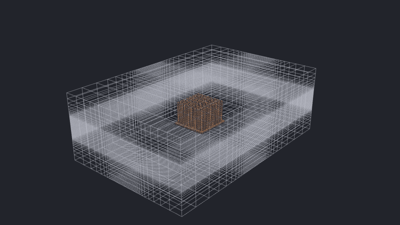 The complete orange CAD heatsink centered inside the fluid mesh, with vertex preservation off.