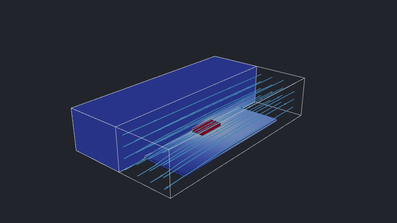 Half-fluid-domain cutaway with the complete PCB and chip package colored by temperature and blue airflow streamlines.