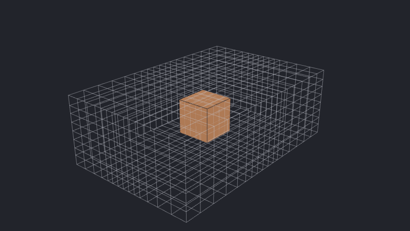 Rectilinear mesh with a 5 mm cell-size limit on the orange central cuboid and a coarser surrounding region.