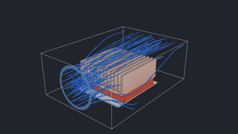 Temperature-colored Jetson assembly with arrowed streamlines flowing from an annular fan through the heatsink.