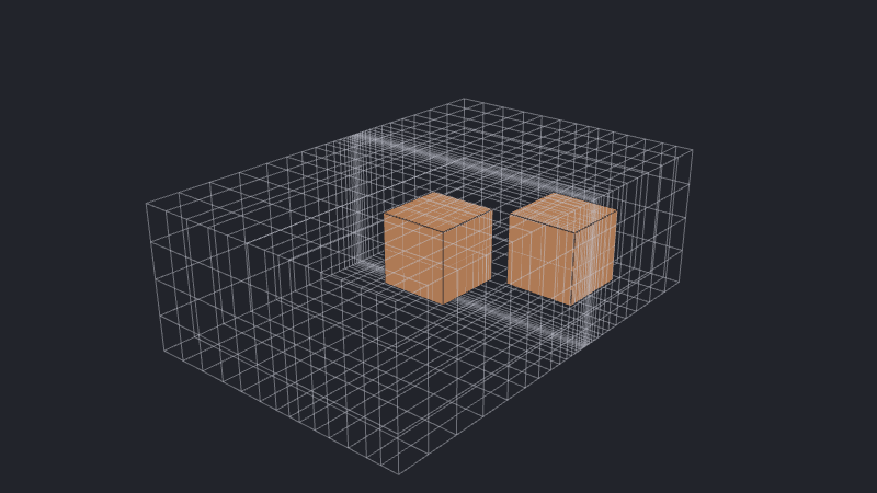 Two separate orange cuboids with nearly aligned x faces producing a narrow interval between mesh planes.