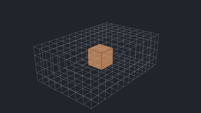 Coarse rectilinear mesh surrounding an orange cuboid, with a 10 mm global maximum cell size.