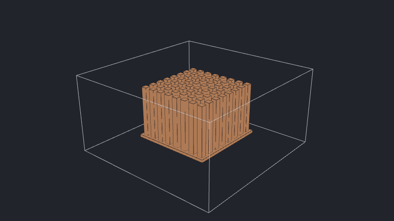An axis-aligned pinned CAD heatsink inside the fluid domain, with straight pin edges aligned to the rectilinear mesh.