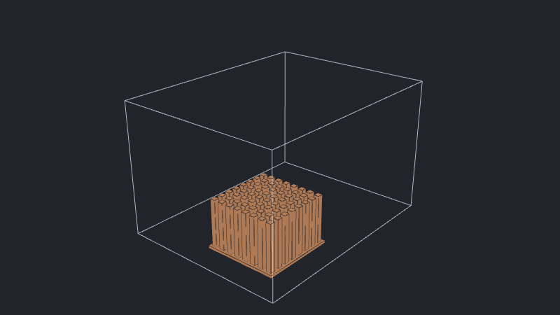 An upright pinned heatsink at its original CAD coordinates inside the outlined computational domain.