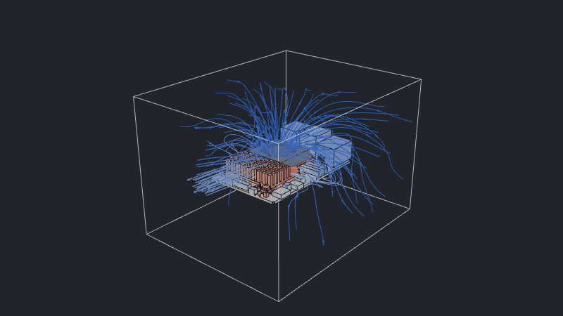 Temperature-colored Raspberry Pi 5 and Active Cooler with streamlines leaving the blower and passing through the fin bank.