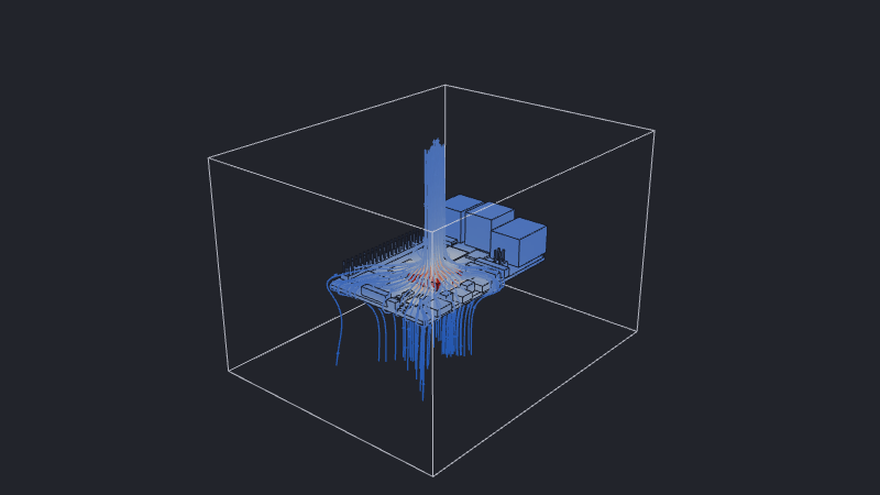 Temperature-colored bare Raspberry Pi 5 with streamlines rising from the exposed BCM2712 through the open-air domain.
