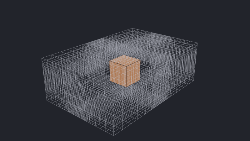 Complete rectilinear fluid mesh with fine node planes extending away from an orange central cuboid.