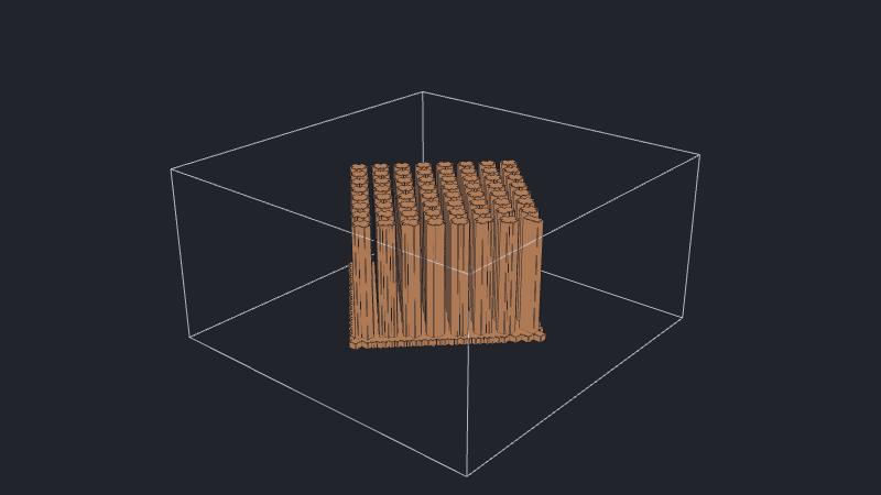 The heatsink rotated 45 degrees, with visibly stepped pin sides and base edges on the coarser mesh.