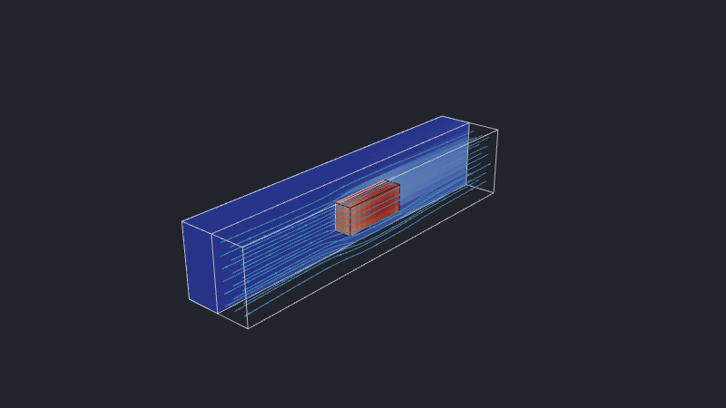 Powered conducting block and fluid cutaway colored by temperature.