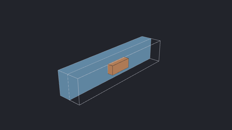 Cutaway dry-run fluid mesh around a centered solid block.