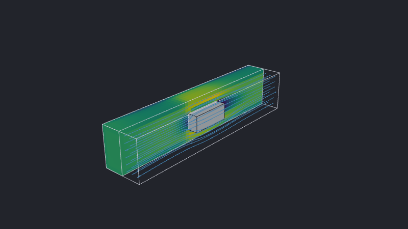 Fluid cutaway around a neutral insulating block, colored by speed.