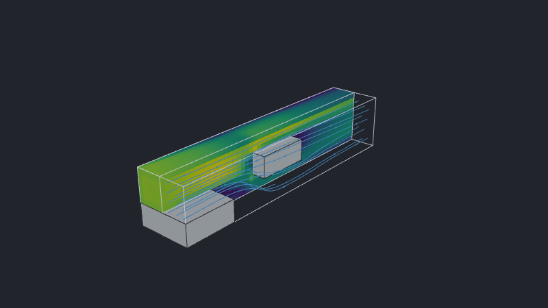 Fluid passing over an inlet step and around a powered block, colored by speed.